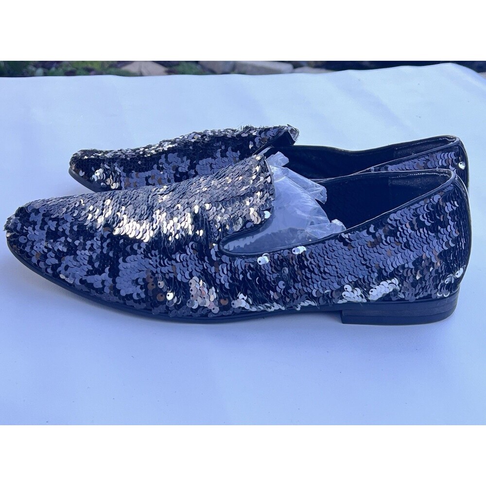 Men’s Size 11 Reversible Sequin Loafers Black Silver Prom Party Tuxedo Shoes